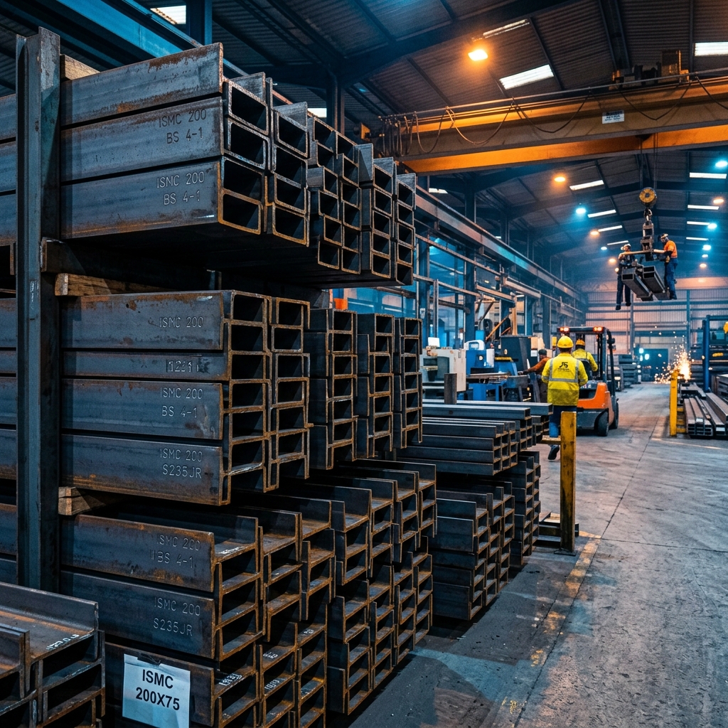 Mild Steel Channels ISMC bundles stacked in steel warehouse yard - Mildsteelchannelmanufacturer.com